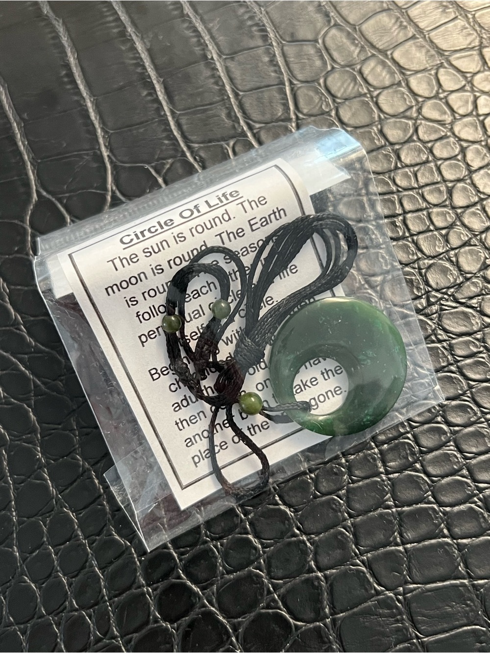 Green Jade Circle Pendant Necklace on Adjustable Black Cord